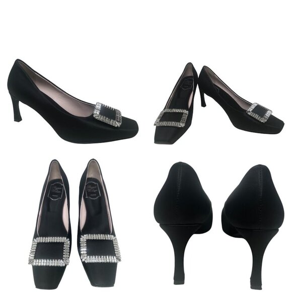 Roger Vivier Trompette Crystal Buckle Squared Toe Black Satin 70mm Pumps Size 11 - Picture 15 of 16